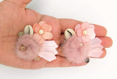 Hand Embroidered Pink Applique With Cowrie Shell, Sequins,Pearl and Feather Pom Pom